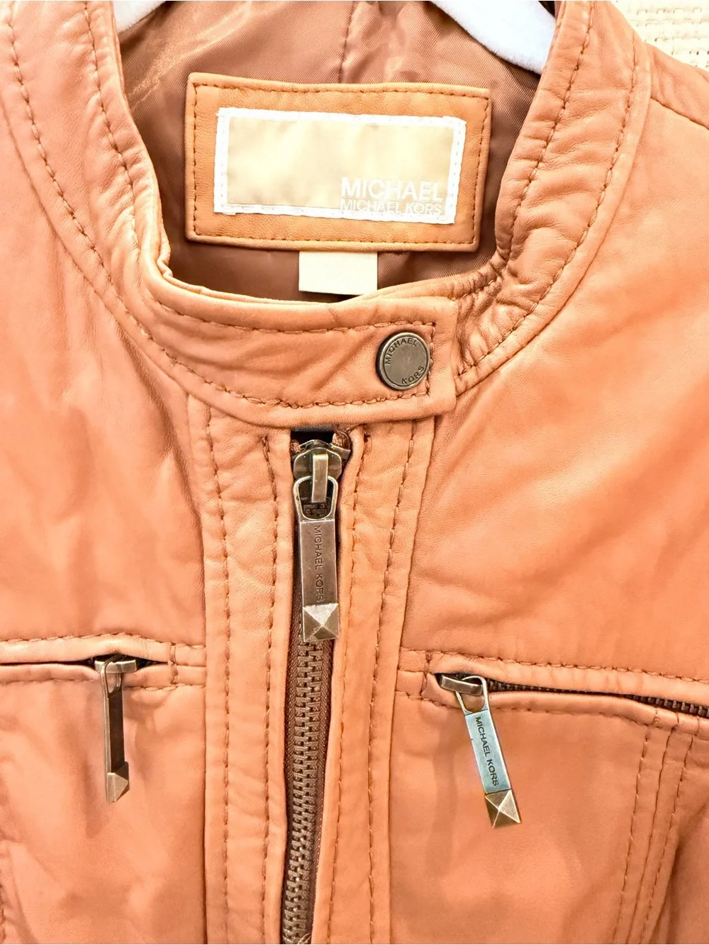 Michael Kors Women’s Soft Leather Moto Full Zip Brown Tan Jacket Size Medium